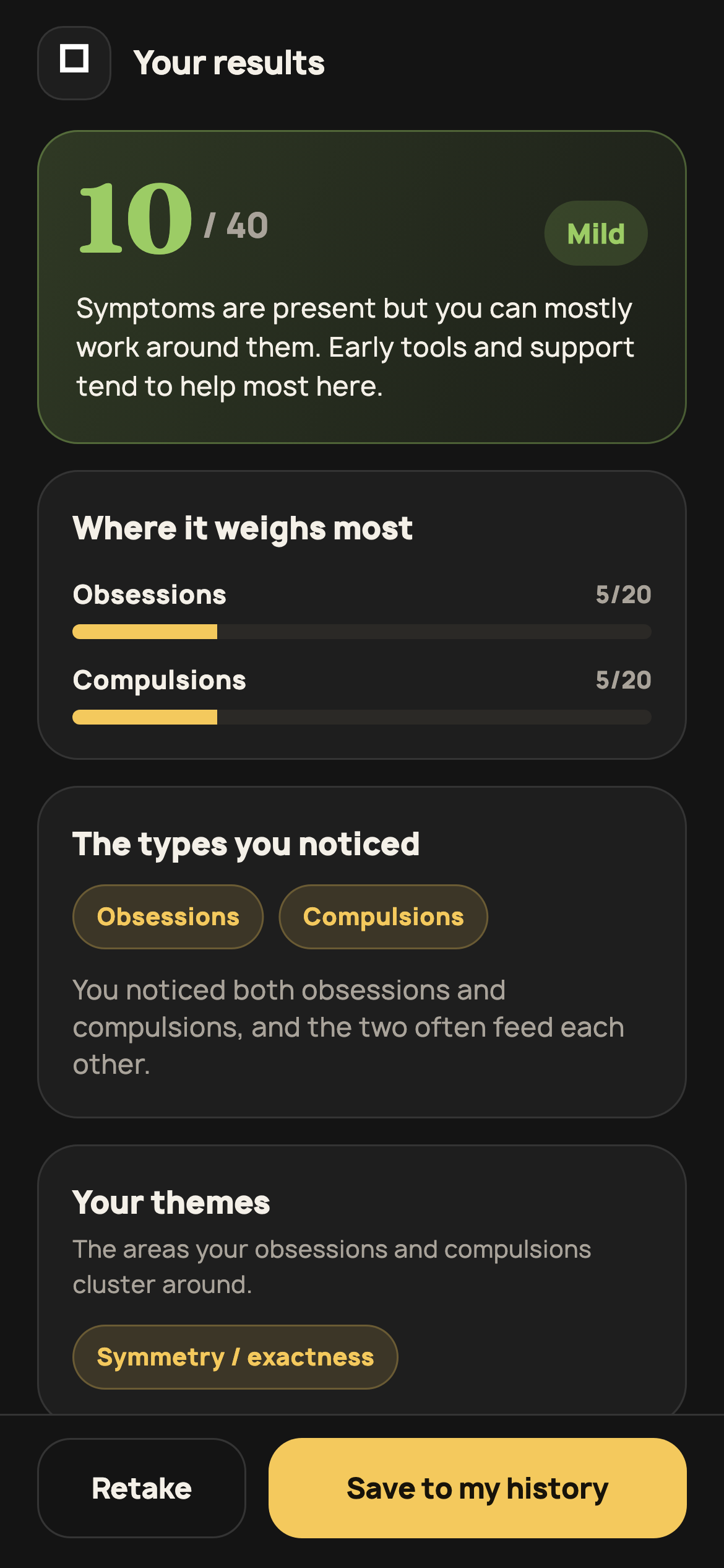 Patterns self-check results showing separate obsession and compulsion impact using demonstration data