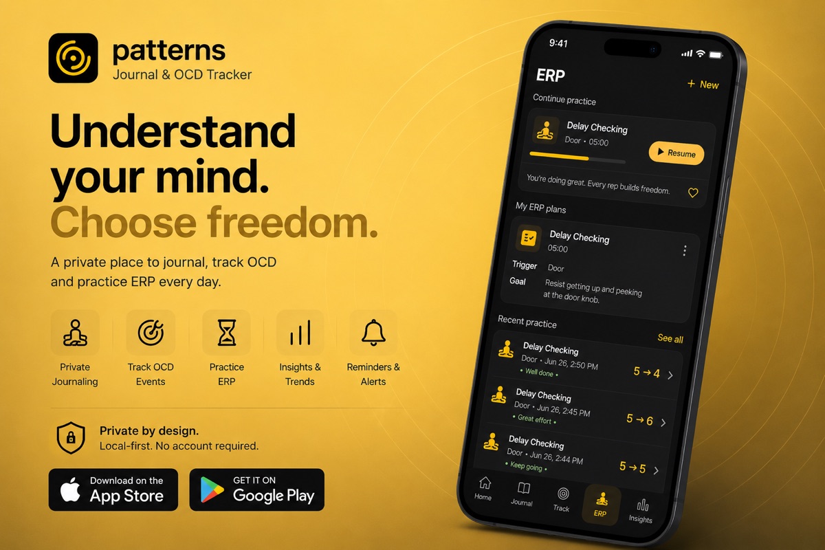 Patterns app for private journaling, OCD event tracking, ERP practice, insights, and reminders